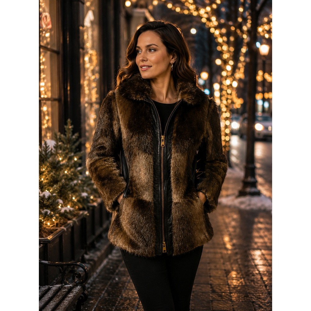 David Hochstein Vintage Genuine Leather & Fur Coat with Beaver Collar Size Small